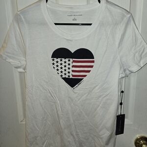 Tommy Hilfiger White Tee with Black and Red Heart Design